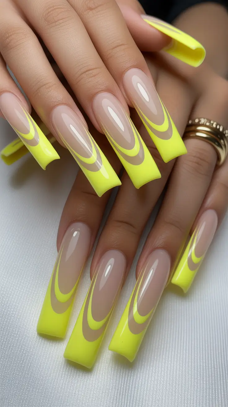 graduation nail color ideas 2026 Neon Yellow French Graduation Nails With Graphic Curves