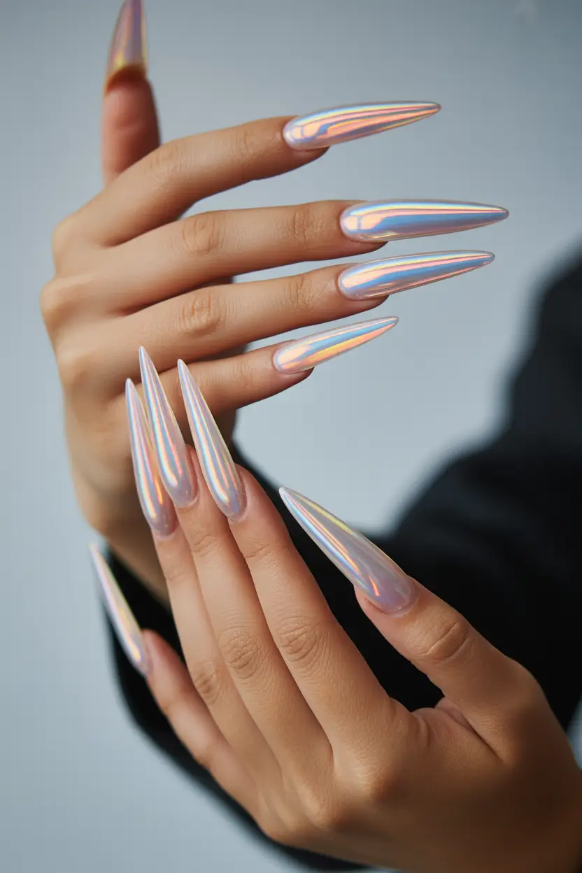 graduation nail color ideas 2026 Iridescent Chrome Stiletto Graduation Nails