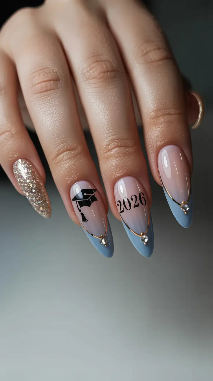 graduation nail color ideas 2026 Elegant Blue French Graduation Nails With Class Year Detail