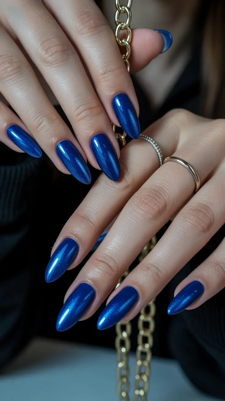 graduation nail color ideas 2026 Deep Metallic Blue Graduation Nails