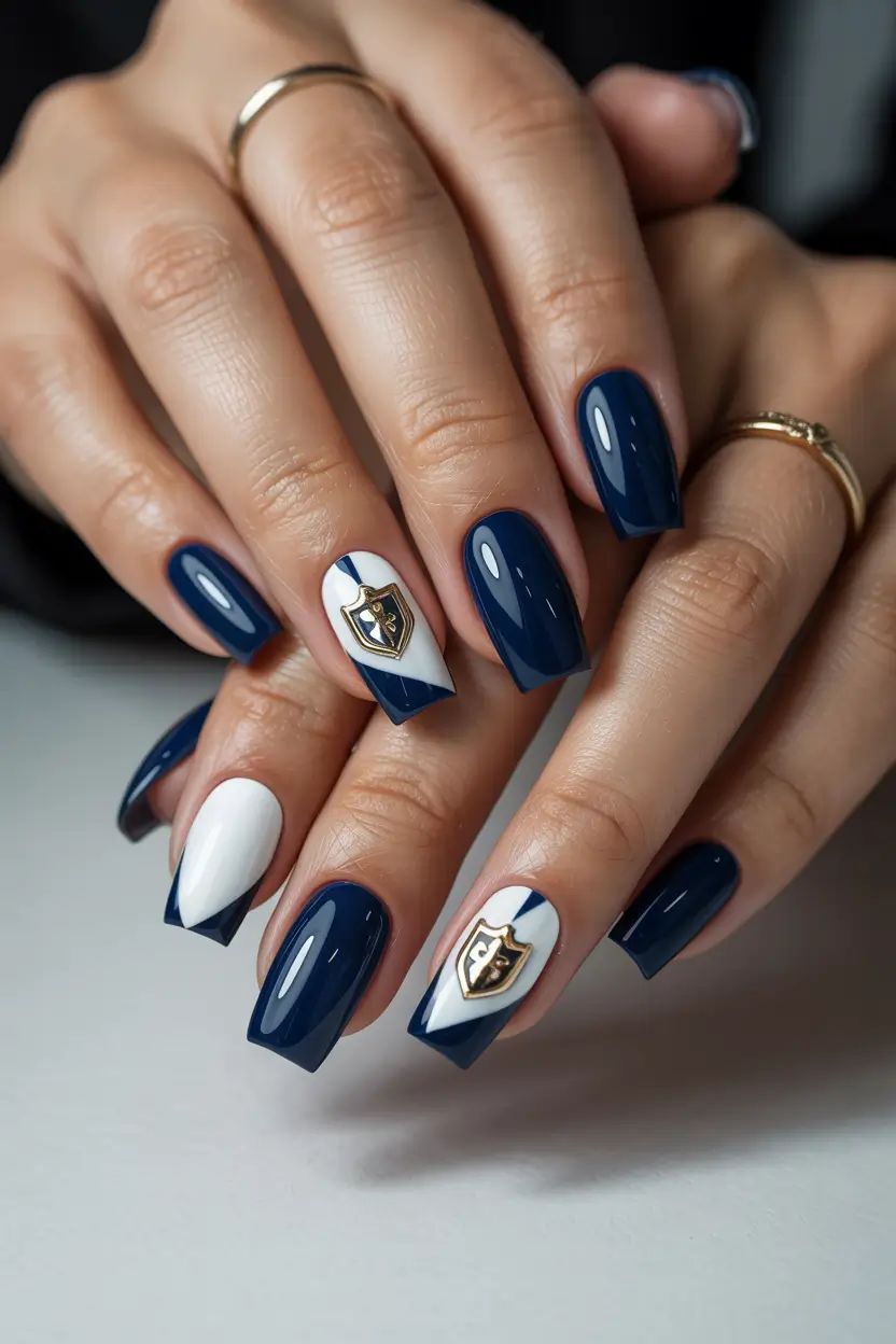 graduation nail color ideas 2026 Classic Navy And White Graduation Nails With Crest Detail