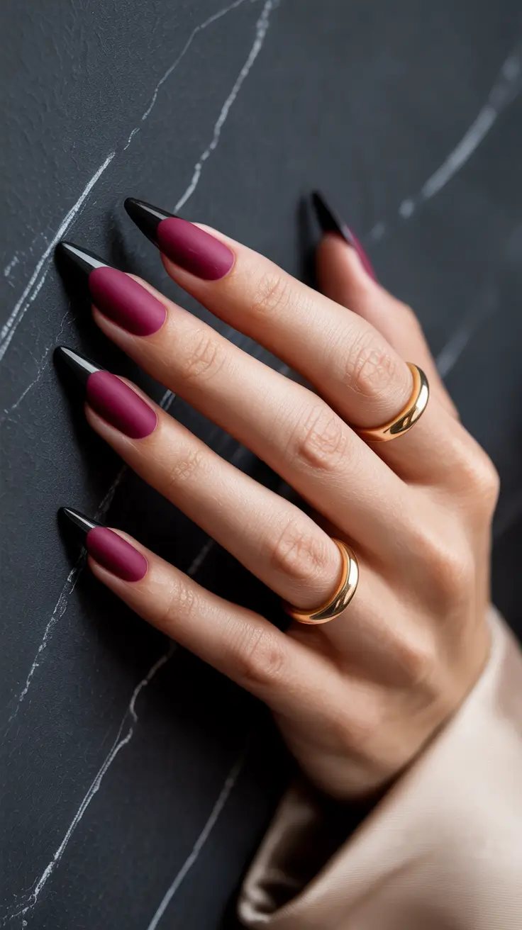 graduation nail color ideas 2026 Burgundy And Black Matte Stiletto Graduation Nails