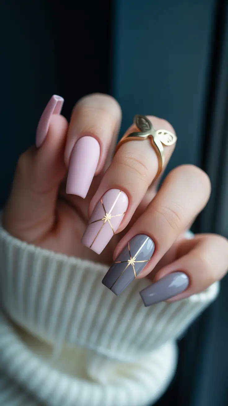 graduation nail color ideas 2026 Soft Pink And Gray Graduation Nails With Minimal Gold Lines