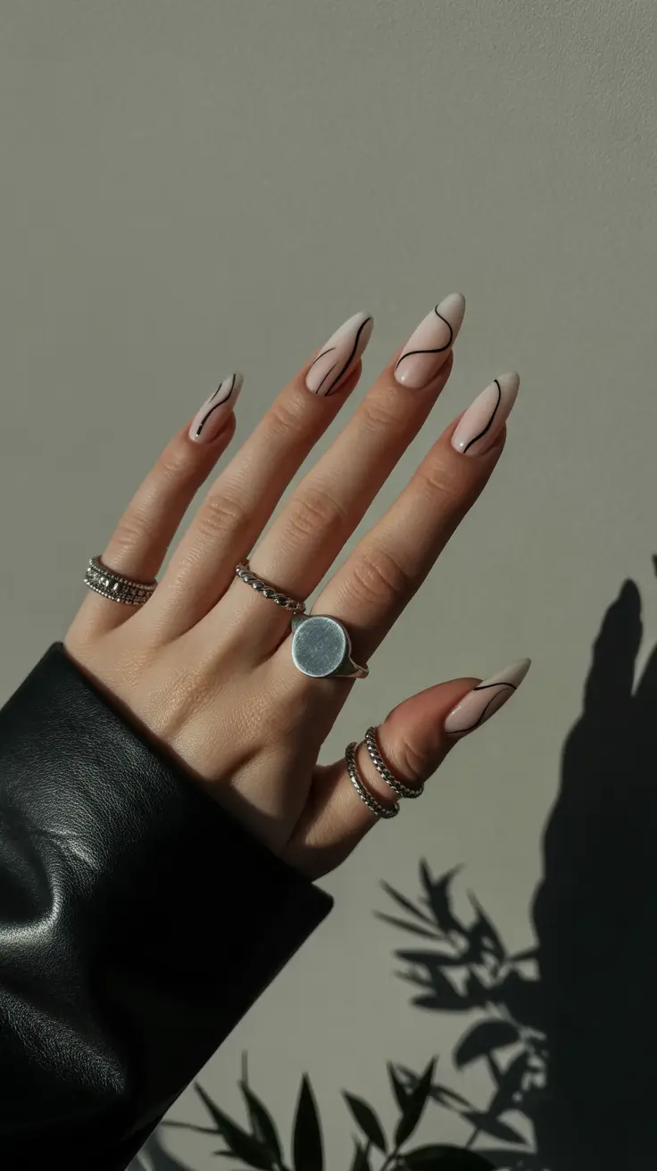 graduation nail color ideas 2026 Minimal Nude Graduation Nails With Modern Black Line Art