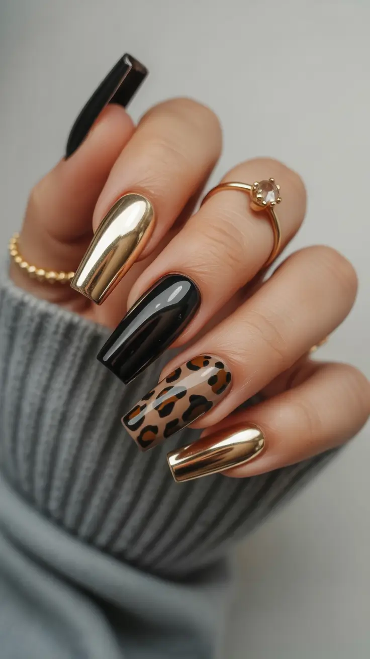 graduation nail color ideas 2026 Bold Gold And Black Graduation Nails With Leopard Accent