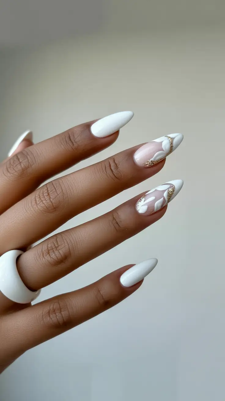 graduation nail color ideas 2026 Elegant White Almond Graduation Nails With Gold Waves