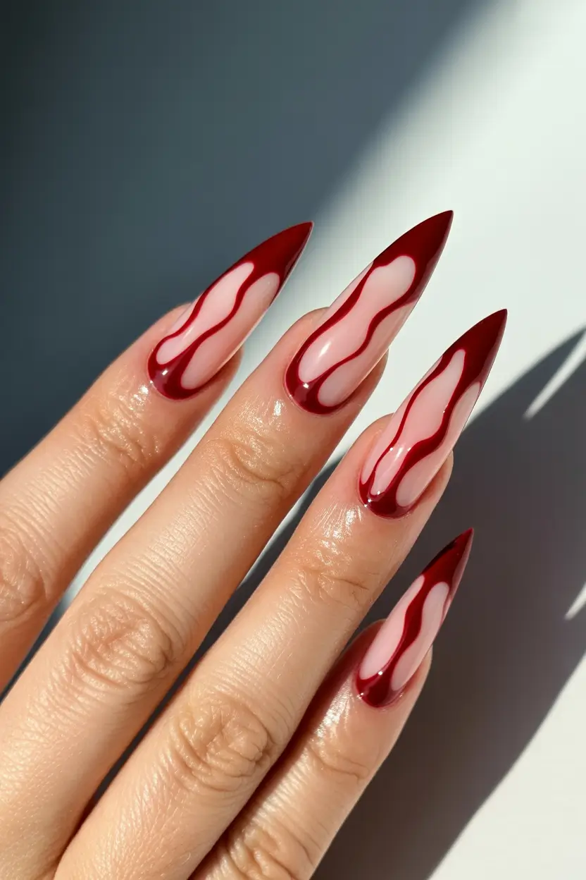 graduation nail color ideas 2026 Glossy Deep Red Flame Graduation Nails