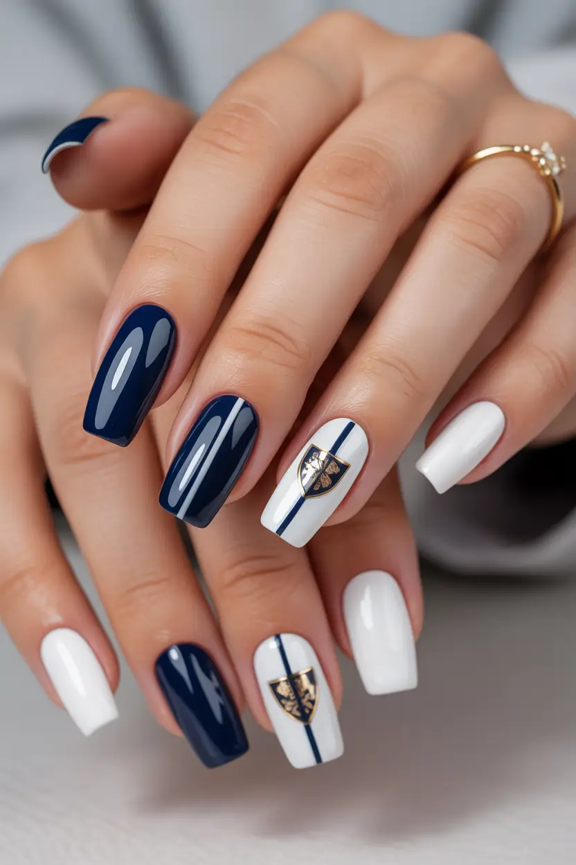 graduation nails ideas 2026 Navy And White Academic Chic Graduation Nails