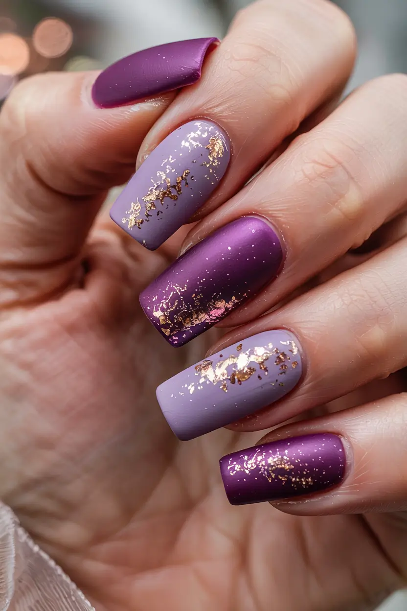 graduation nails ideas 2026 Lavender And Plum Graduation Nails With Gold Foil Accents