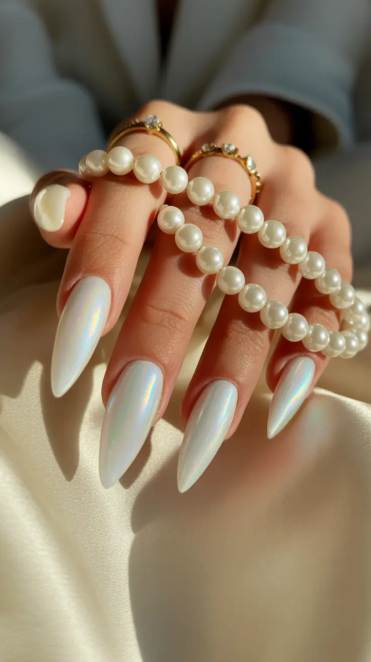 graduation nails ideas 2026 Pearl Chrome White Graduation Nails