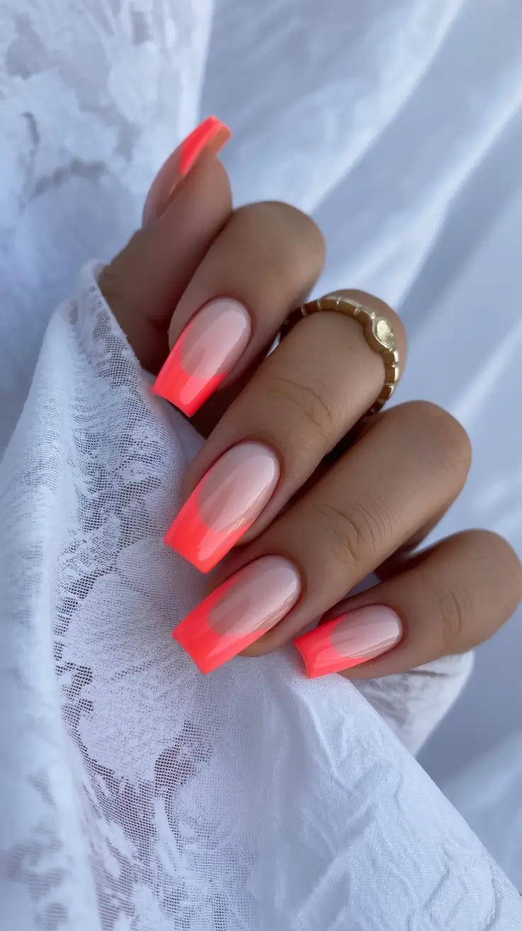 graduation nails ideas 2026 Neon Coral French Graduation Nails