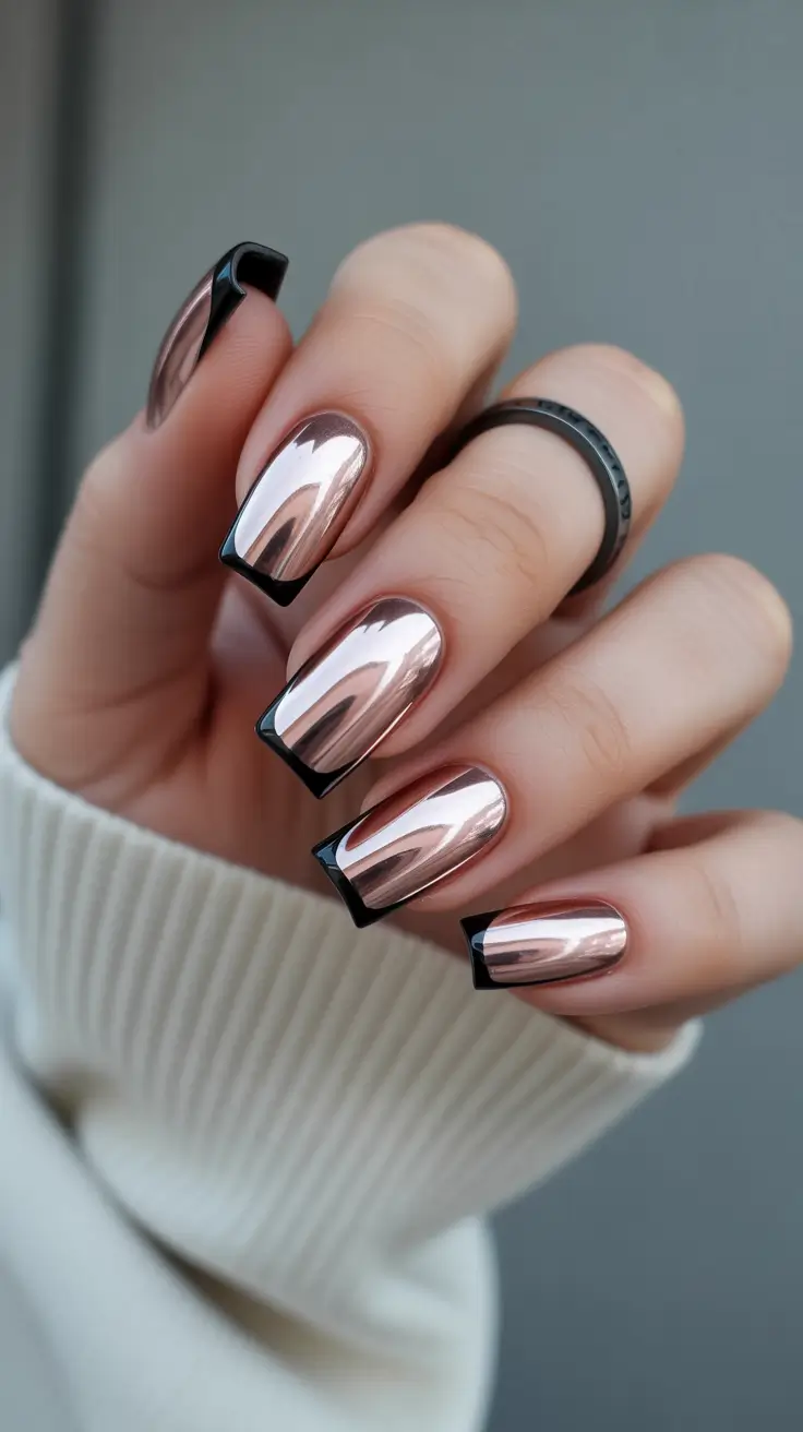 graduation nails ideas 2026 Rose Chrome Nails With Black French Edges