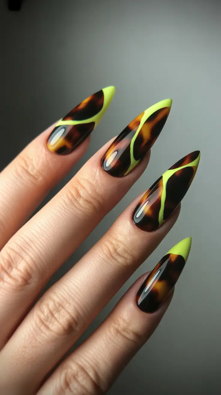 graduation nails ideas 2026 Bold Tortoiseshell And Neon Green Graduation Nails