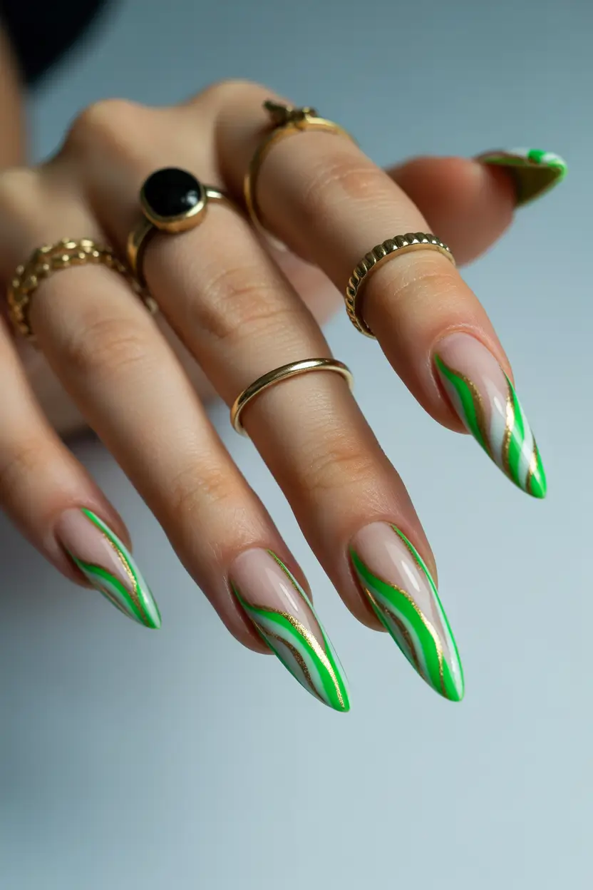 graduation nails ideas 2026 Emerald Green Swirl Graduation Nails With Gold Lines