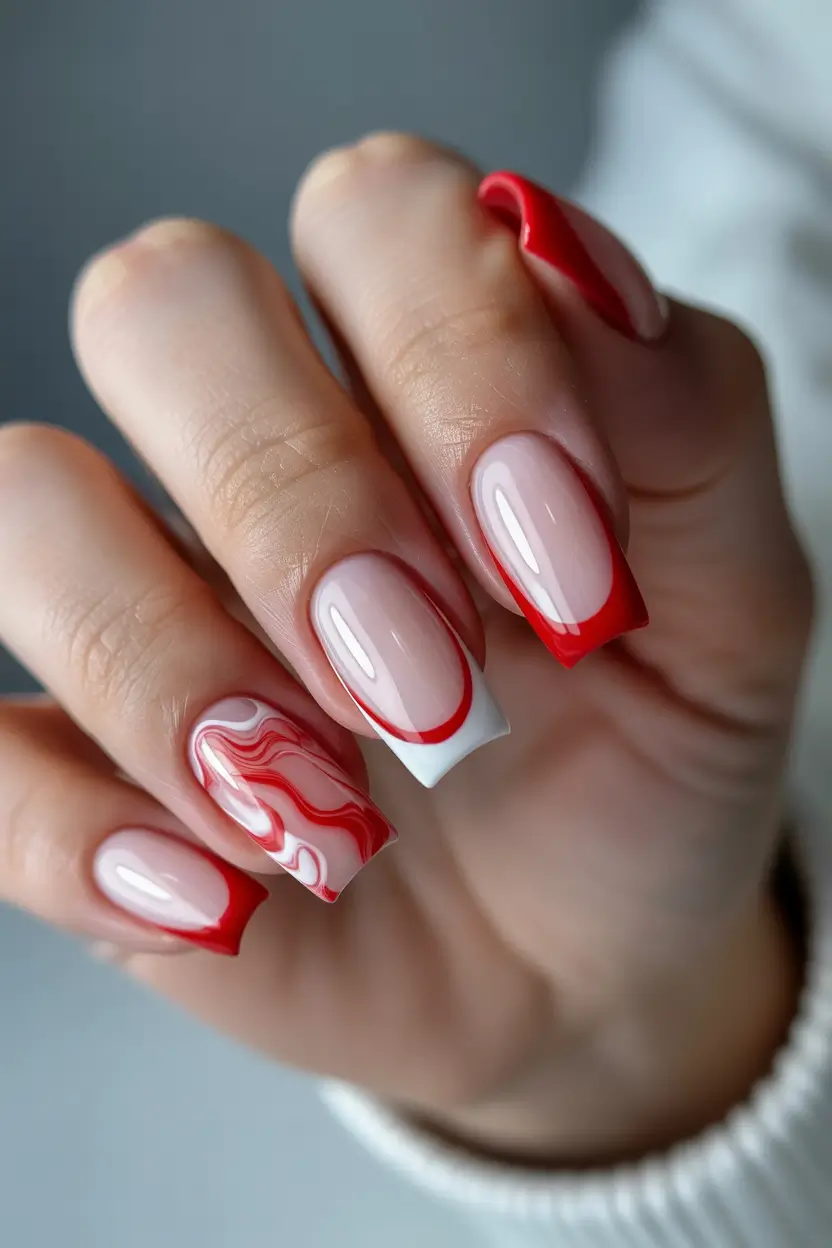 graduation nails ideas 2026 Modern Red French Graduation Nails With Marble Accent