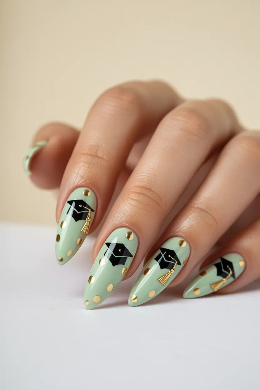 graduation nails ideas 2026 Playful Mint Graduation Nails With Gold Polka Dot Details