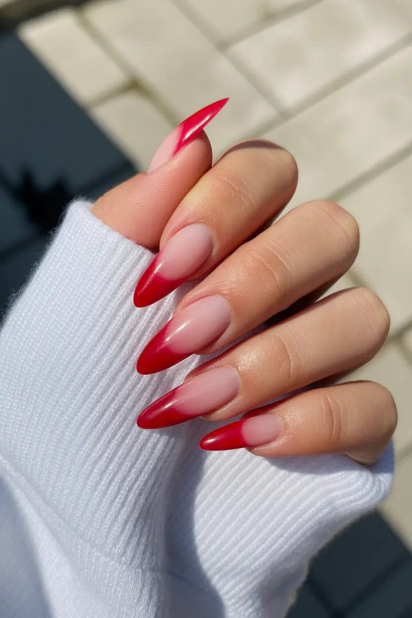 graduation nails ideas 2026 Bold Red Ombre Almond Graduation Nails