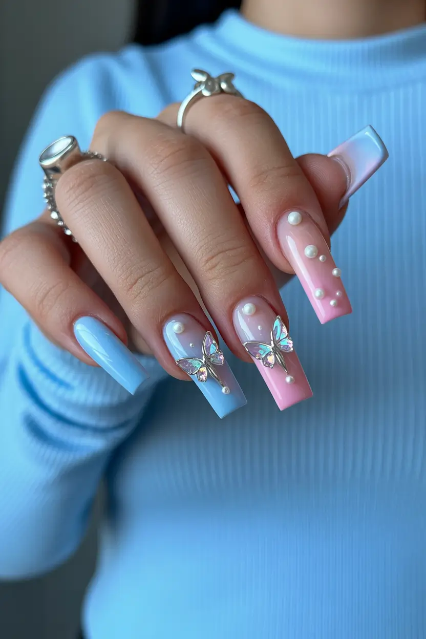 graduation nails ideas 2026 Pastel Butterfly Graduation Nails