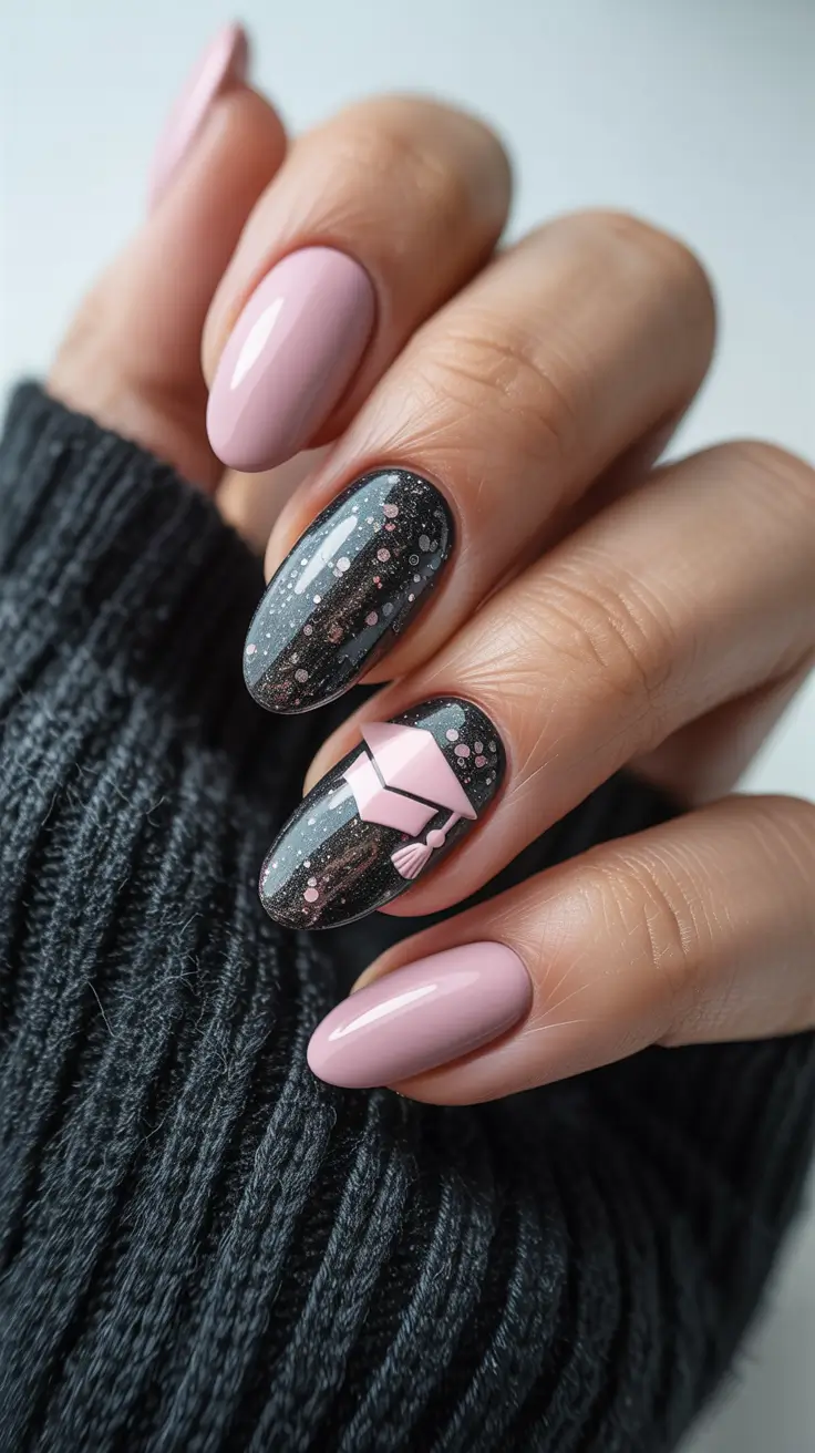 graduation nails ideas 2026 Soft Pink And Starry Graduation Cap Nail Art