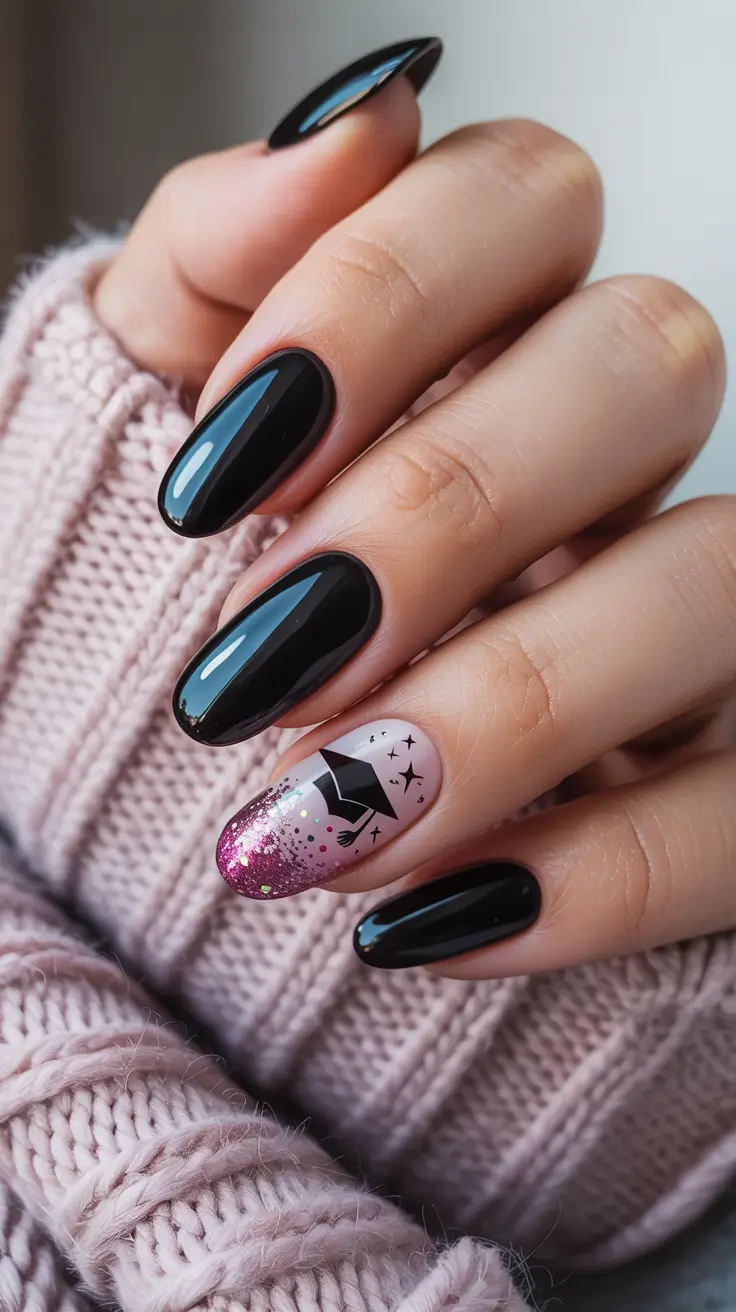 graduation nails ideas 2026 Bold Black Graduation Nails With Glitter Accent
