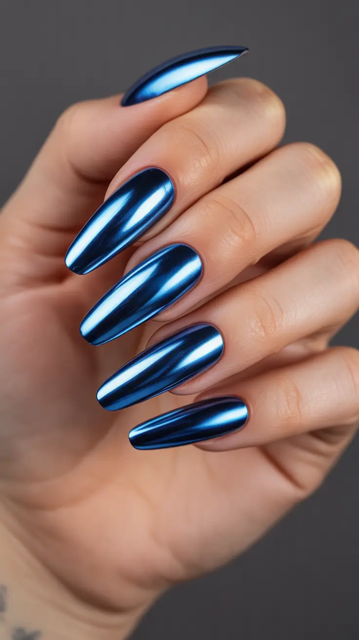 graduation nails ideas 2026 Chrome Sapphire Graduation Nails With Mirror Shine