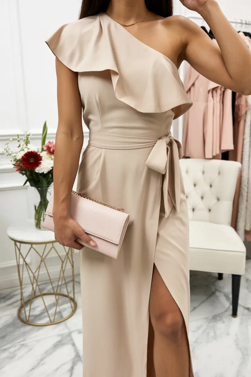 graduation outfit ideas for guest ideas 2026 Soft Beige One Shoulder Dress That Feels Timeless
