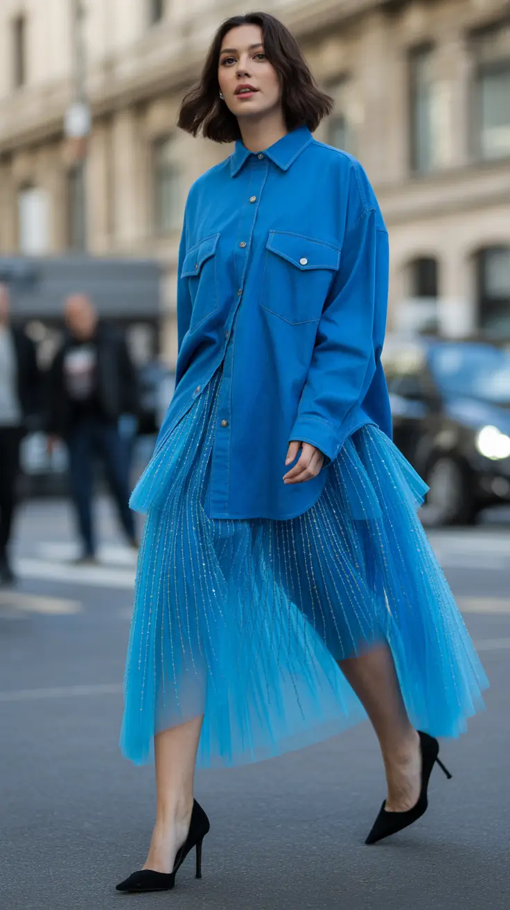 graduation outfit ideas for guest ideas 2026 Blue Oversized Shirt and Tulle Skirt That Feels Unexpectedly Chic