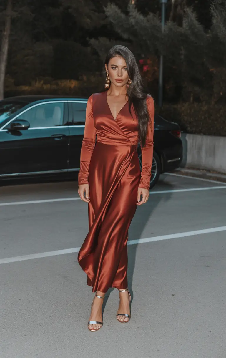 graduation outfit ideas for guest ideas 2026 Rust Satin Wrap Dress That Feels Rich and Elegant