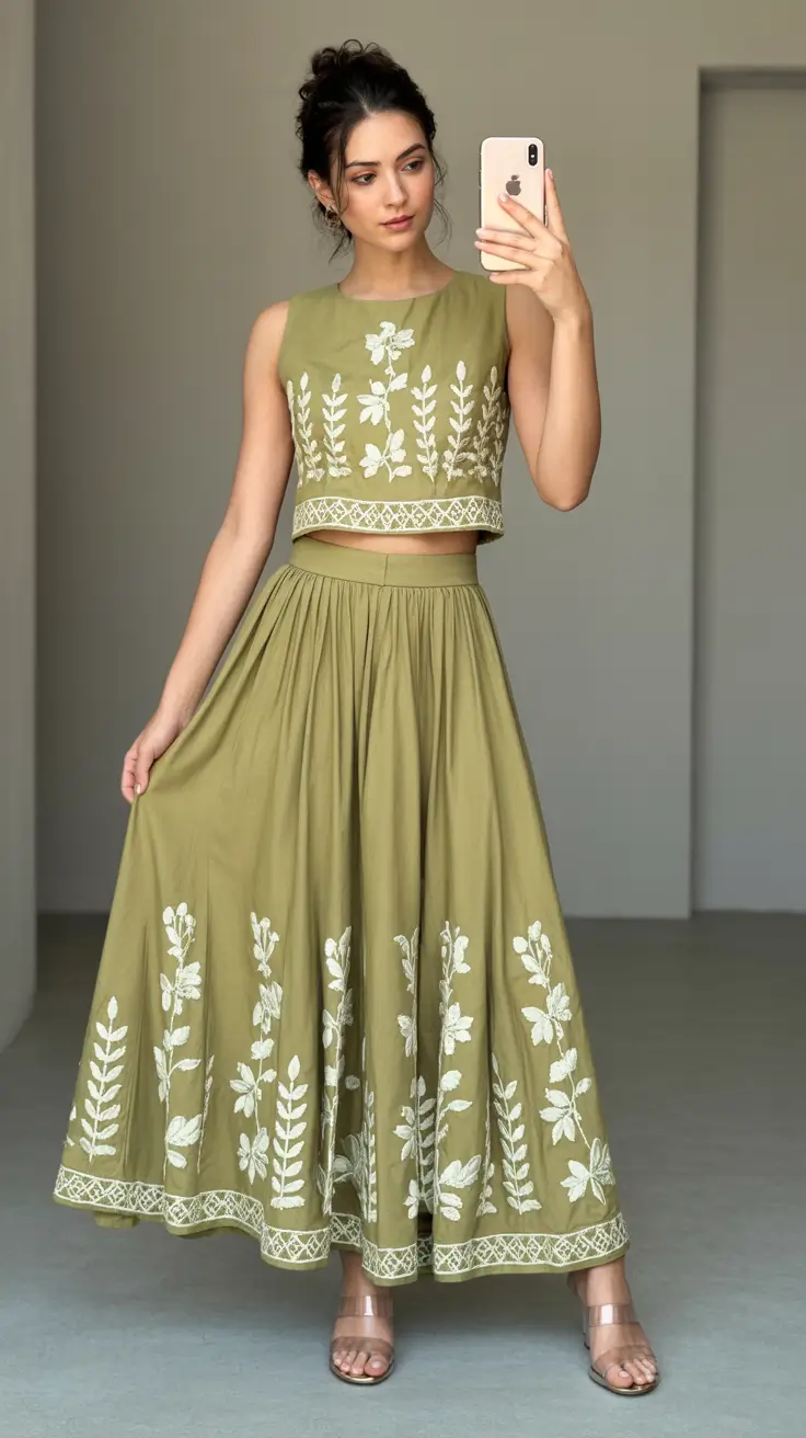 graduation outfit ideas for guest ideas 2026 Fresh Olive Embroidered Set With Artistic Energy
