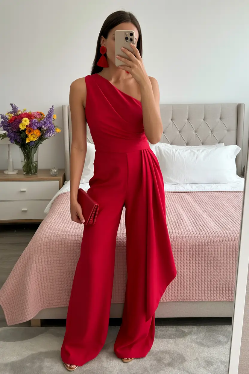 graduation outfit ideas for guest ideas 2026 Bold Red Jumpsuit That Commands Celebration Energy