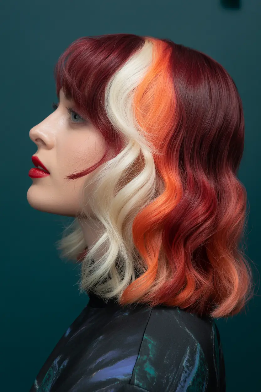May Hair Color Ideas 2026 Calico Ribbon Blend With Cherry Cola Depth and Graphic Contrast
