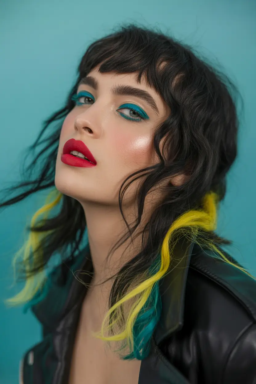 May Hair Color Ideas 2026 Subtle Neon Streaks on Soft Black Waves for a Playful Edge