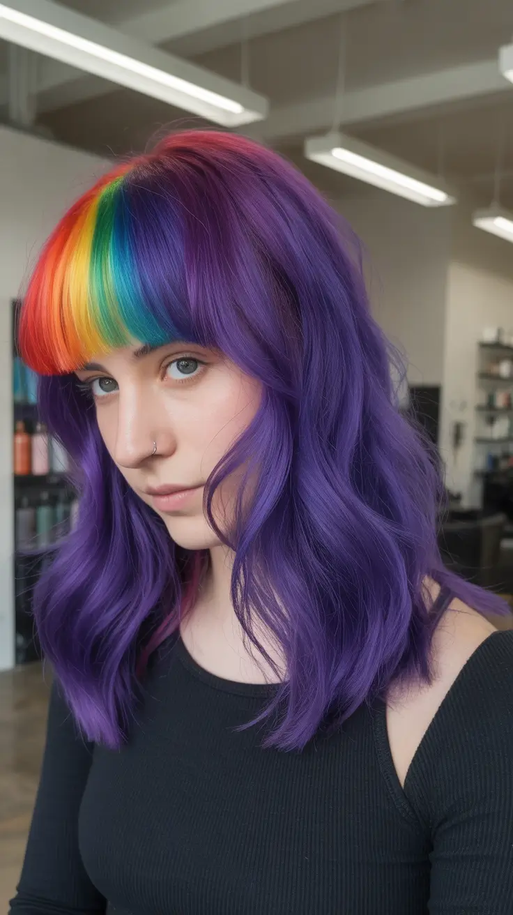 May Hair Color Ideas 2026 Rainbow Fringe With Deep Violet Lengths That Feel Fearless