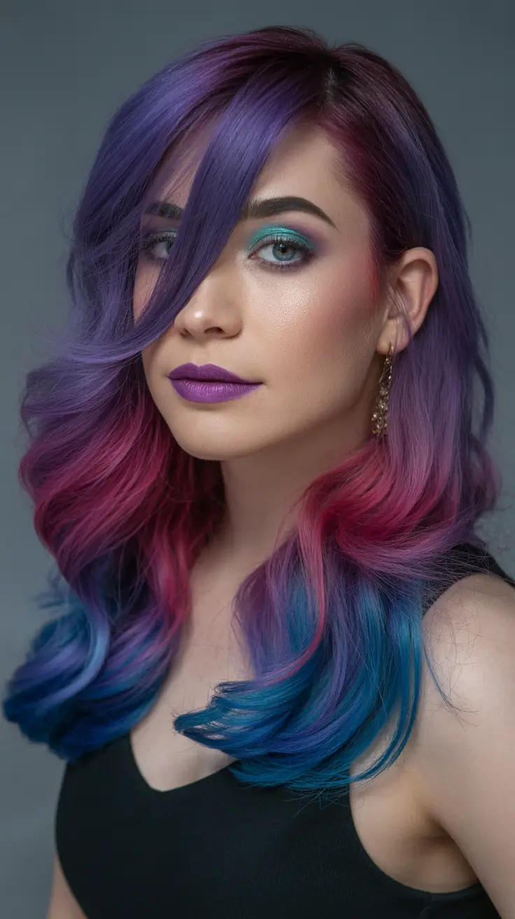 May Hair Color Ideas 2026 Jewel Toned Melt With Violet Magenta and Teal Dimension