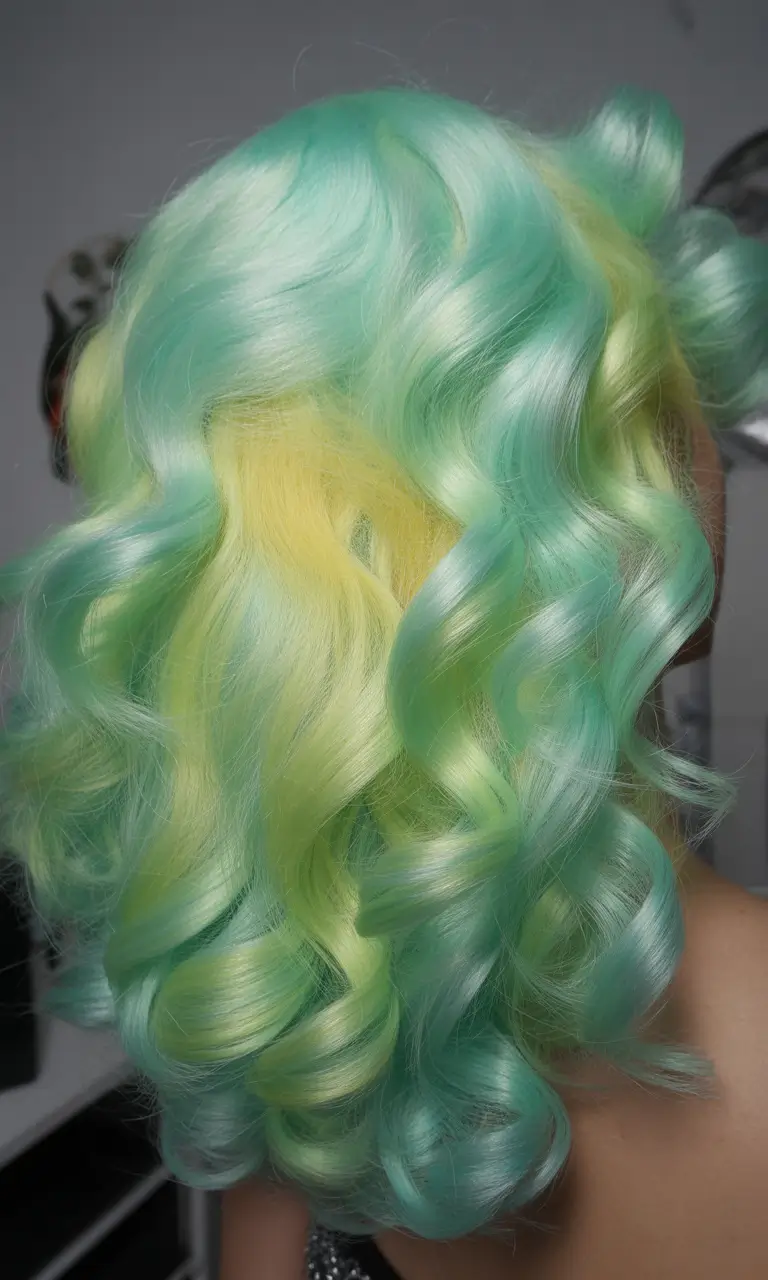 May Hair Color Ideas 2026 Glossy Mint and Lime Melt With High Shine Curls