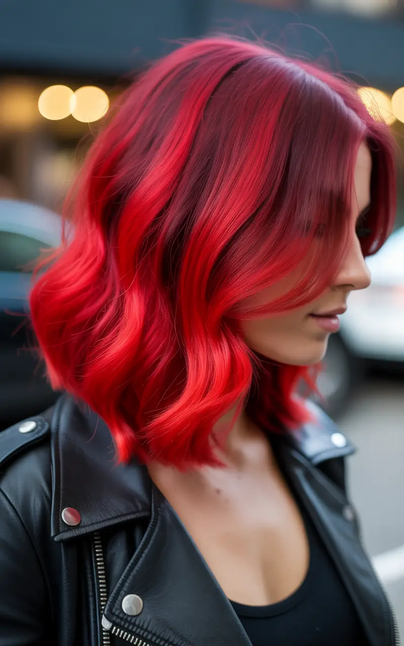 May Hair Color Ideas 2026 Vibrant Cherry Red Waves That Glow Under City Lights