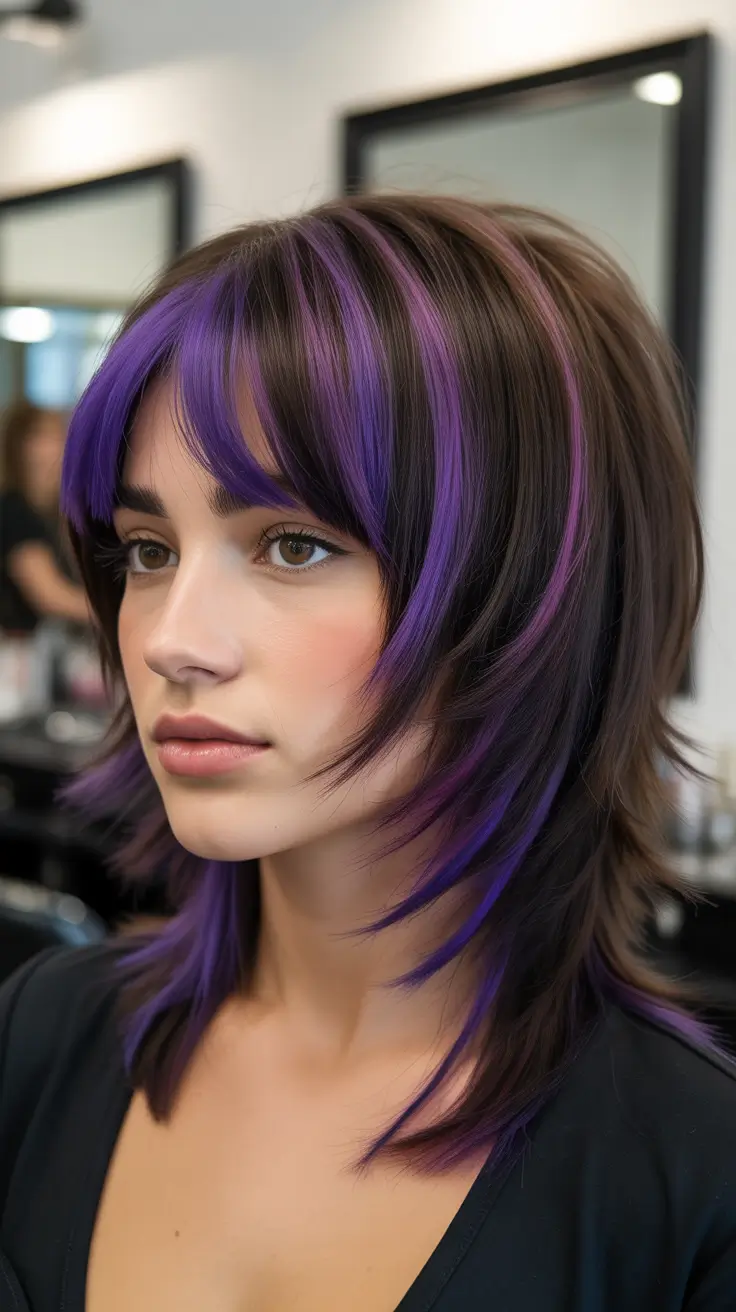 May Hair Color Ideas 2026 Modern Shag With Violet Accents and Soft Bangs