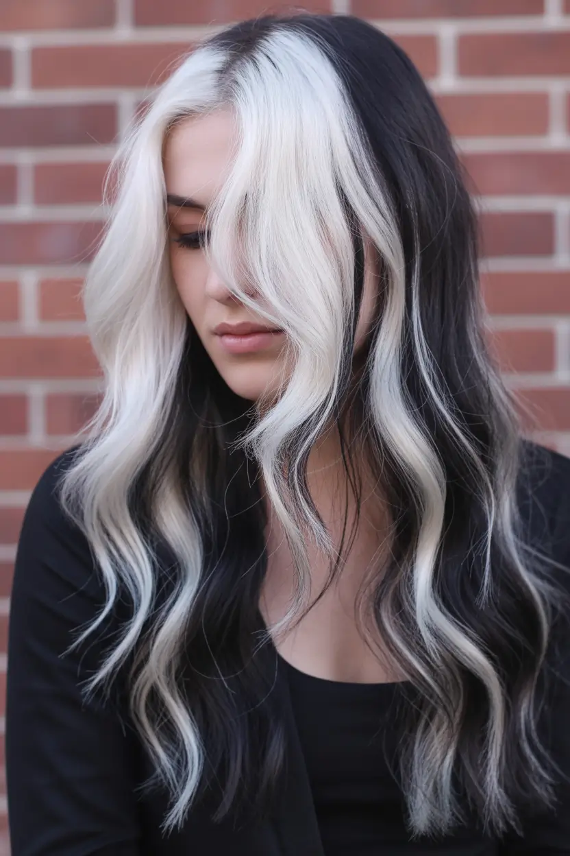 May Hair Color Ideas 2026 High Contrast Calico Blonde and Black Waves That Break the Rules