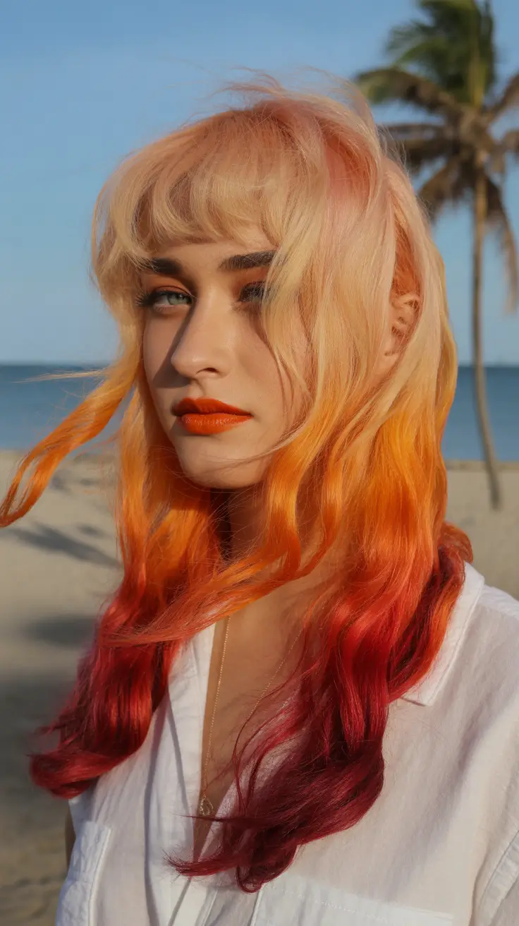 May Hair Color Ideas 2026 Sunset Melt Orange to Red Waves That Feel Like Endless Summer