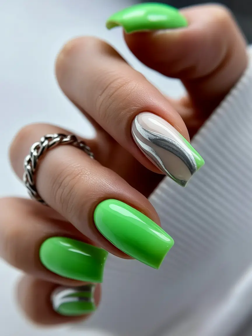 May Nails Ideas 2026 Fresh Lime and Chrome Waves for a Modern Edge