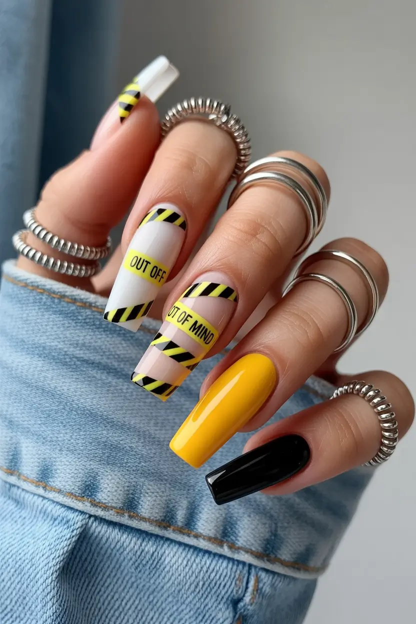 May Nails Ideas 2026 Graphic Yellow and Black Statement Nails with Urban Edge