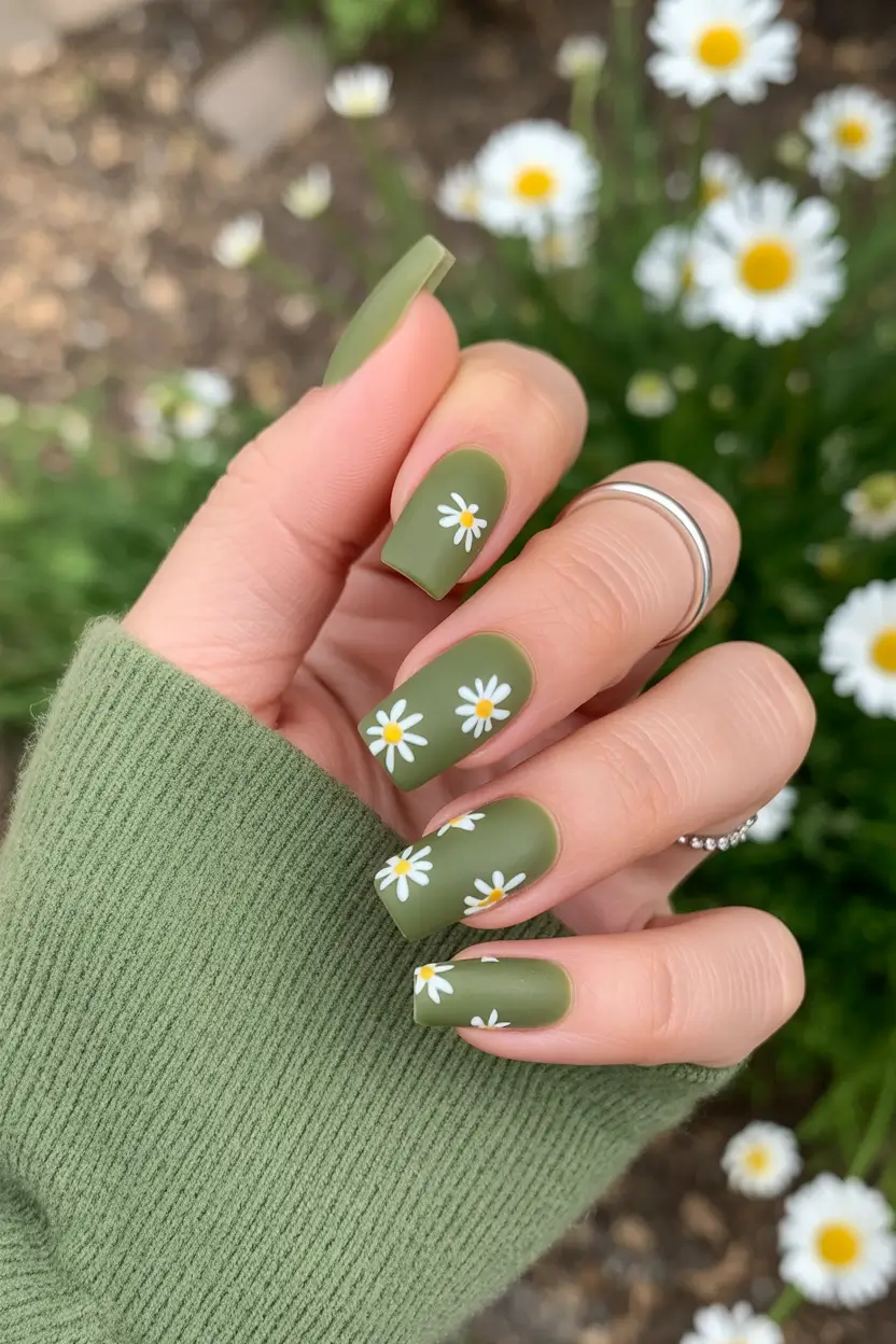 May Nails Ideas 2026 Muted Green Daisy Nails That Feel Like Fresh Air