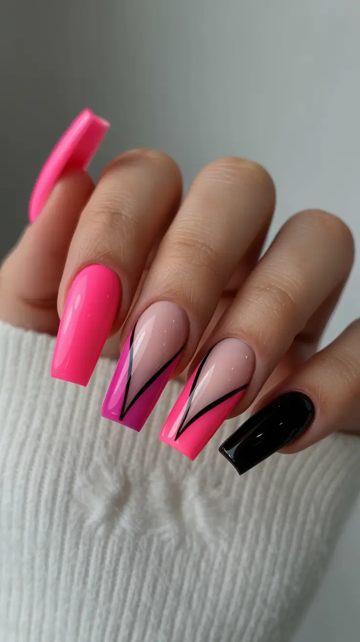 May Nails Ideas 2026 Hot Pink Geometry with Sharp Graphic Contrast