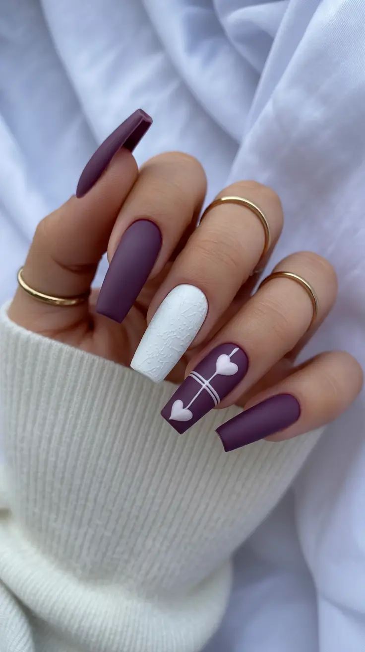 May Nails Ideas 2026 Matte Plum Romance with Soft Heart Details