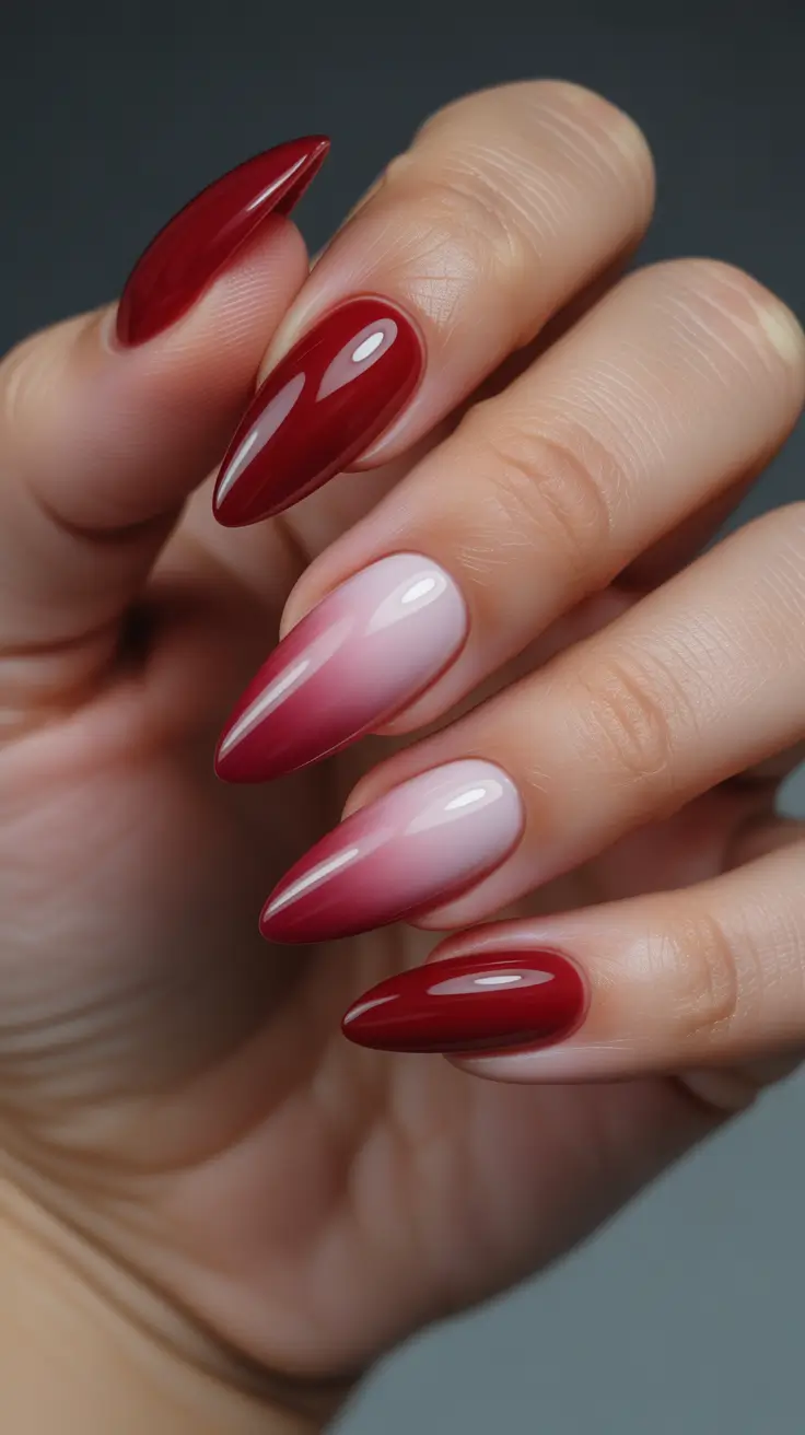 May Nails Ideas 2026 Glossy Red Ombre Almond for a Timeless Statement