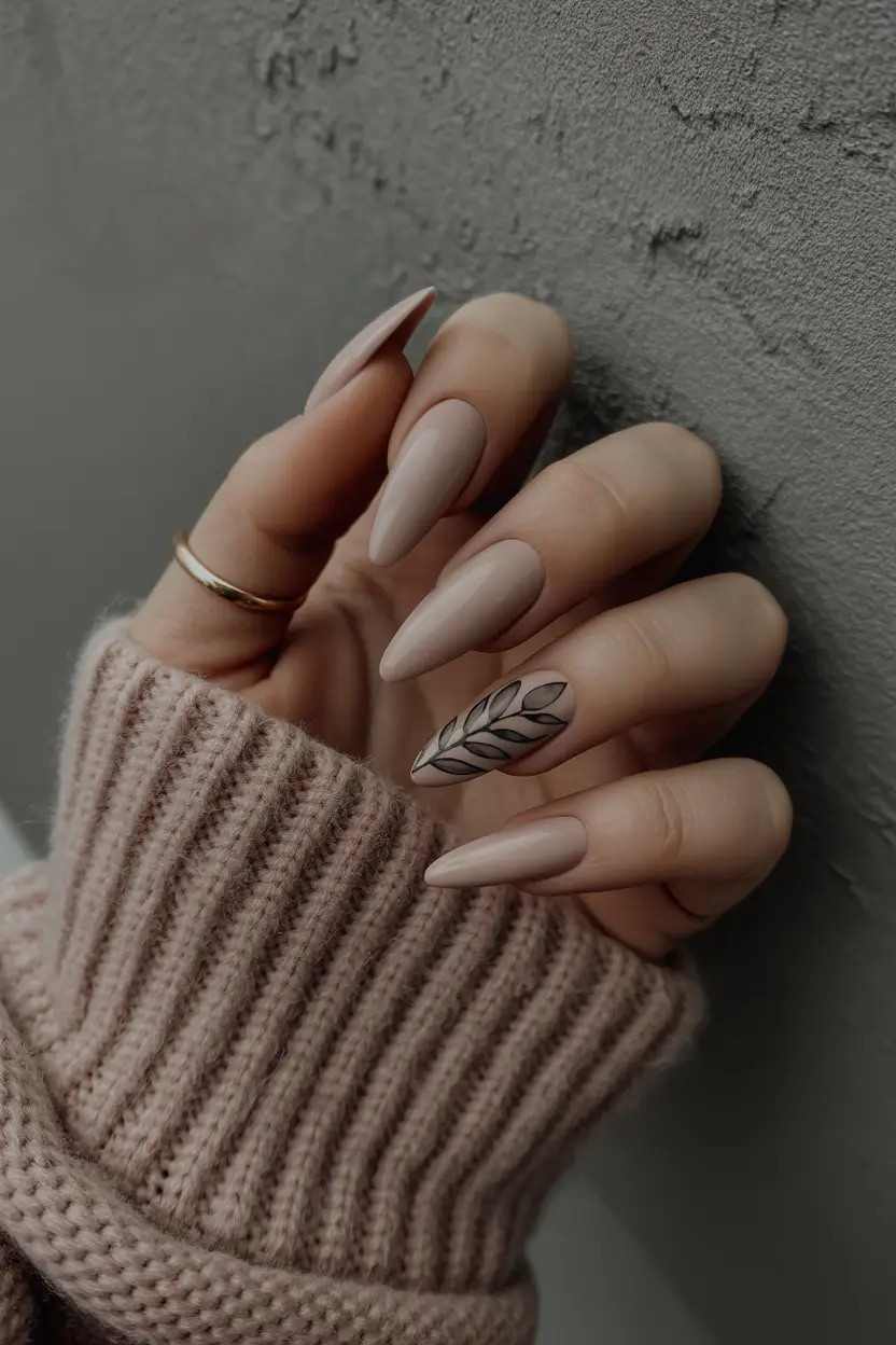 May Nails Ideas 2026 Soft Nude Almond with Minimal Botanical Line Art