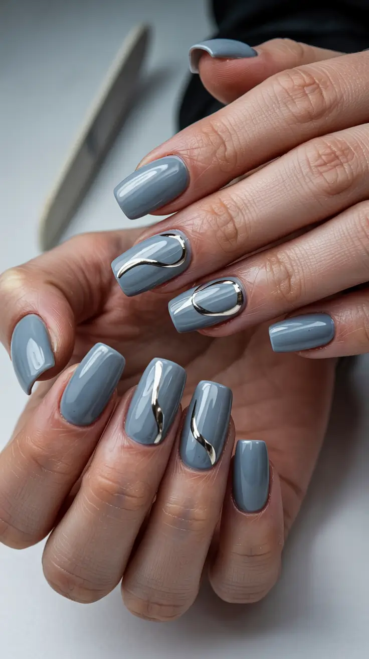 May Nails Ideas 2026 Cool Grey Gloss with Liquid Metal Accents