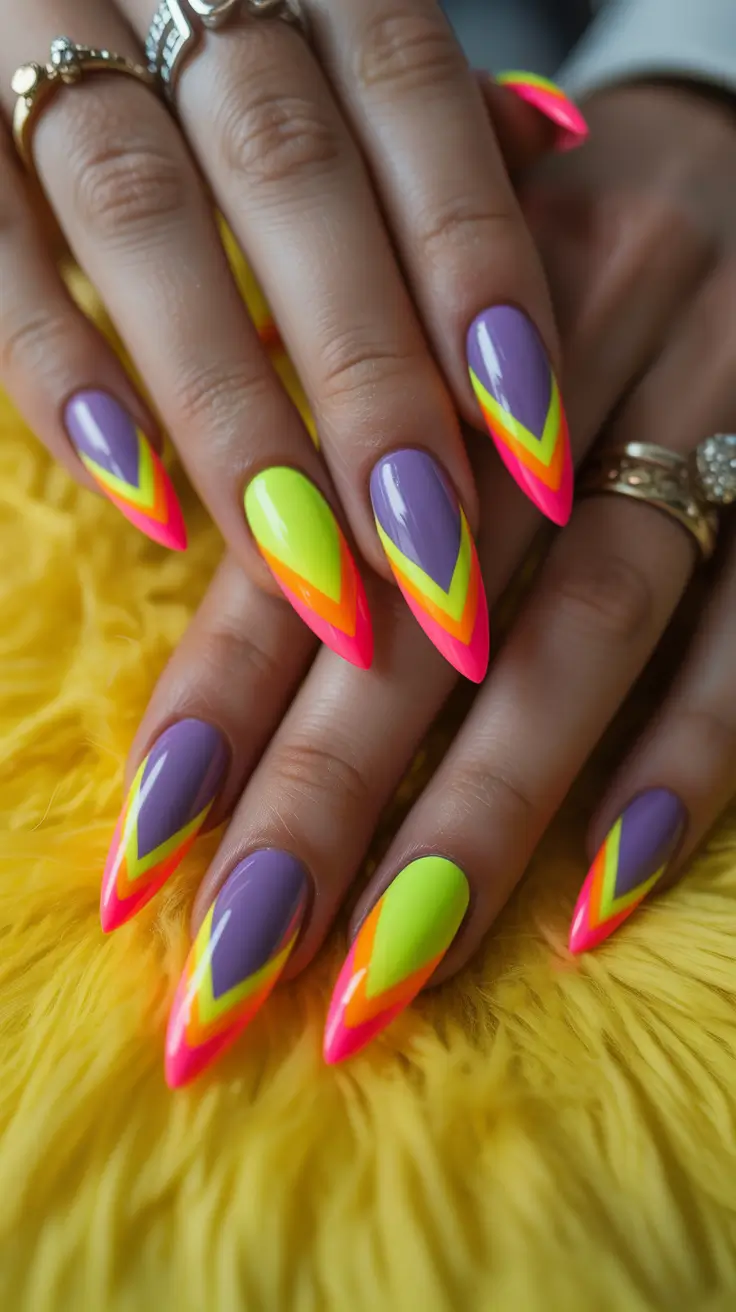 May Nails Ideas 2026 Neon Chevron Almond Nails That Demand Attention