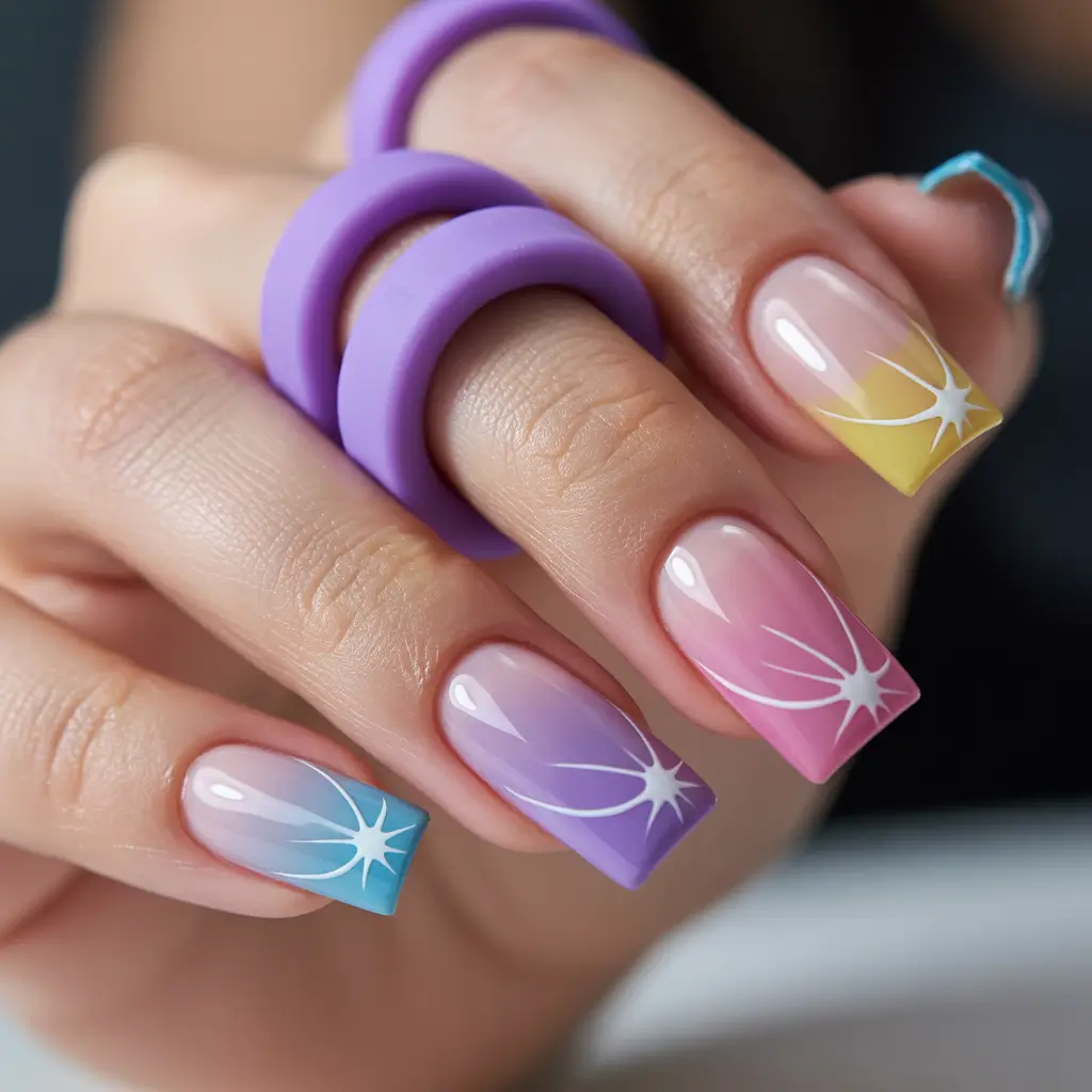 May Nails Ideas 2026 Soft Rainbow Ombre with Delicate Starburst Art