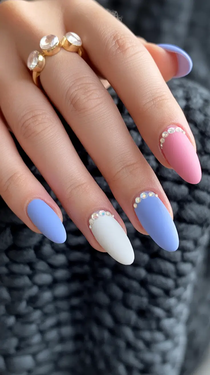 May Nails Ideas 2026 Pastel Matte Almond with Subtle Rhinestone Frames